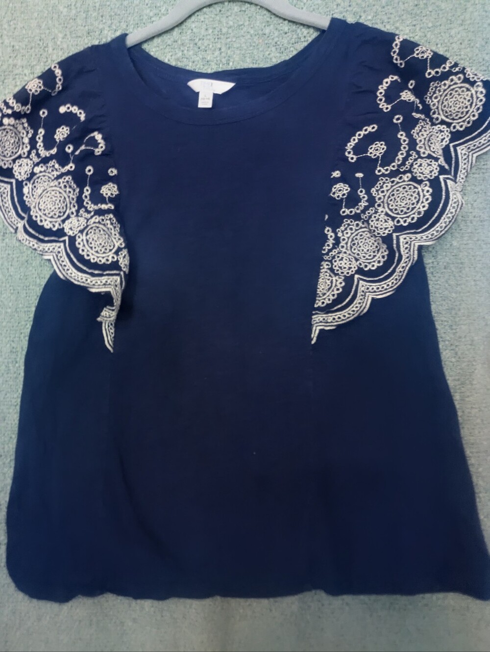 Time and Tru Black Tee with White Lace-Trim Flutter Sleeves